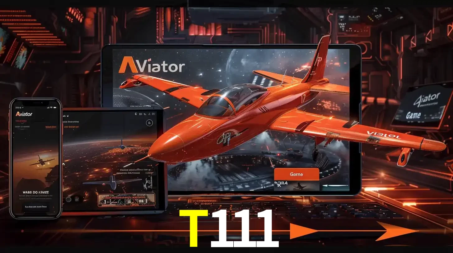 Apresentação tecnológica do jogo Aviator com um avião saindo da tela de um tablet, demonstrando a experiência imersiva em múltiplos dispositivos no T111.
