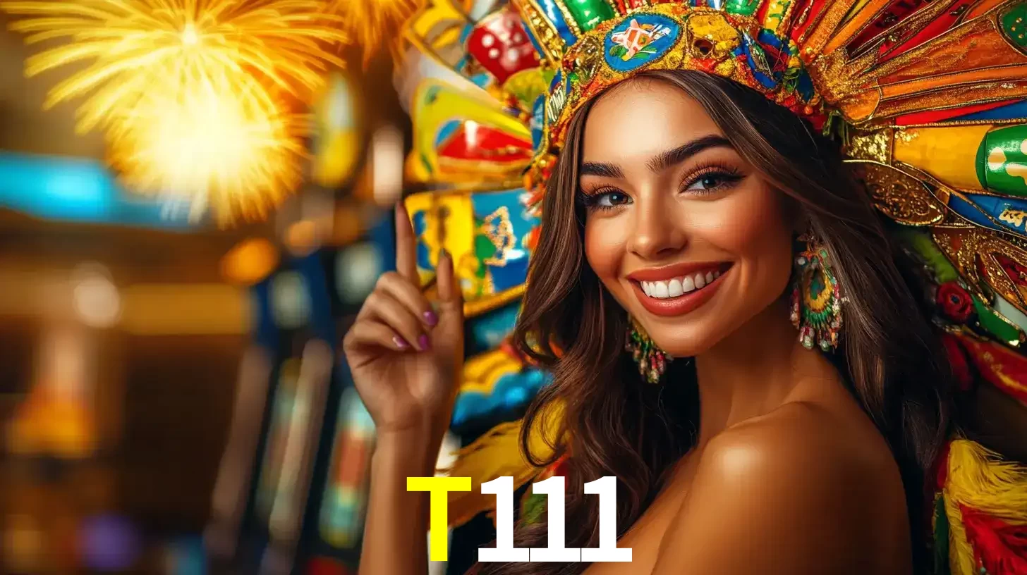 Mulher sorridente com um cocar de carnaval vibrante e colorido, celebrando uma grande vitória nos jogos do cassino T111 com fogos de artifício ao fundo.