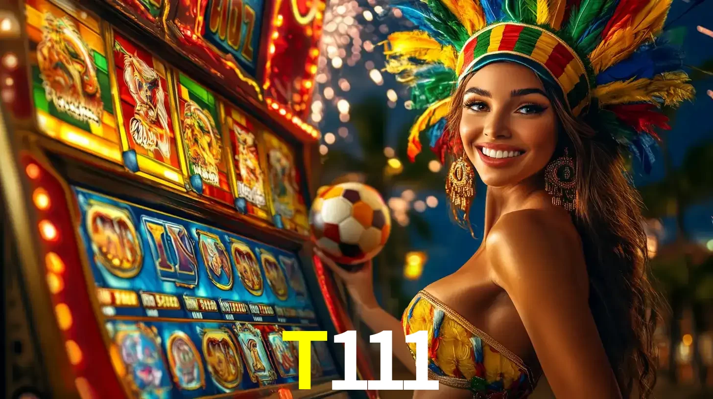 Mulher com um cocar de carnaval ao lado de uma máquina de caça-níqueis enquanto segura uma bola de futebol, mostrando a união da diversão de cassino e esportes no T111.