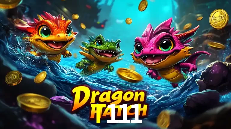 Arte promocional do jogo Dragon Hatch com três adoráveis dragões bebês nadando entre moedas de ouro, um dos slots mais divertidos para jogar no cassino T111.