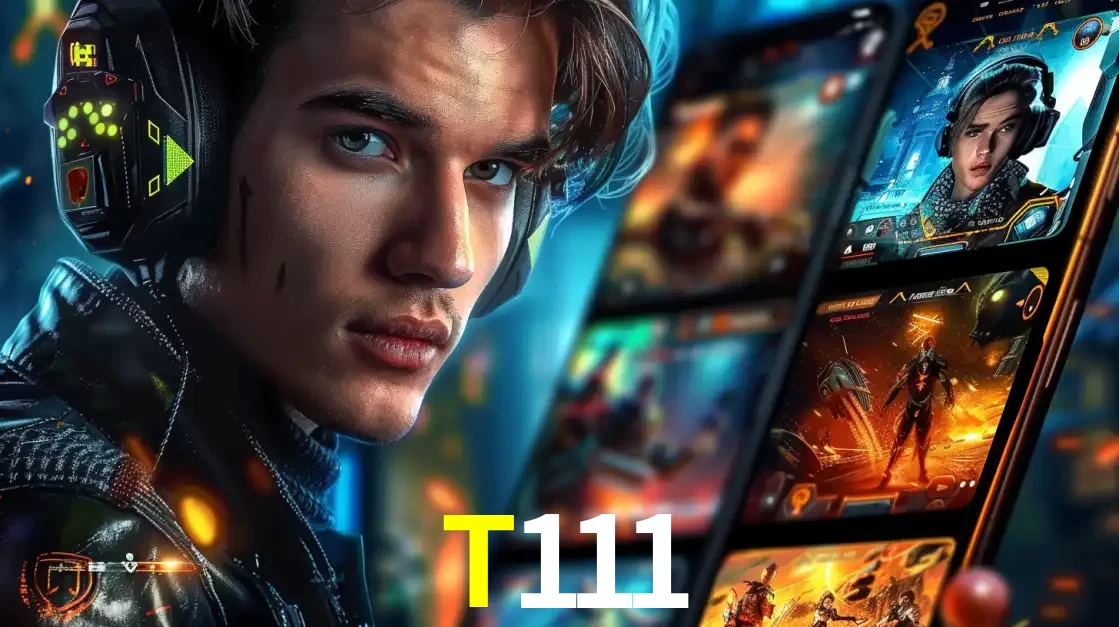 Jovem jogador com fones de ouvido olhando para a câmera, com um aplicativo de jogos e e-sports para celular ao fundo, pronto para a competição e apostas no T111.