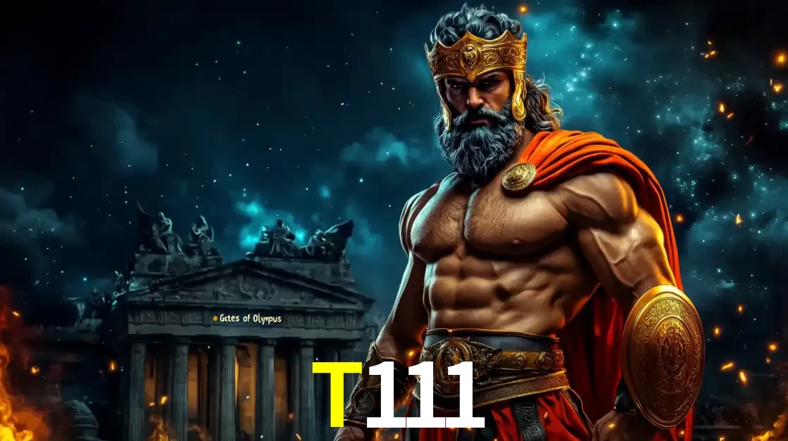 O poderoso Zeus do jogo de slot Gates of Olympus em frente ao seu templo, pronto para lançar multiplicadores divinos e prêmios épicos no cassino online T111.