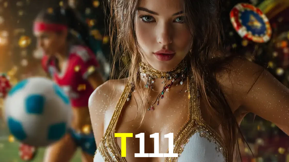 Mulher elegante representando a combinação de glamour e emoção das apostas esportivas, com uma jogadora de futebol ao fundo, destacando a ação no T111.