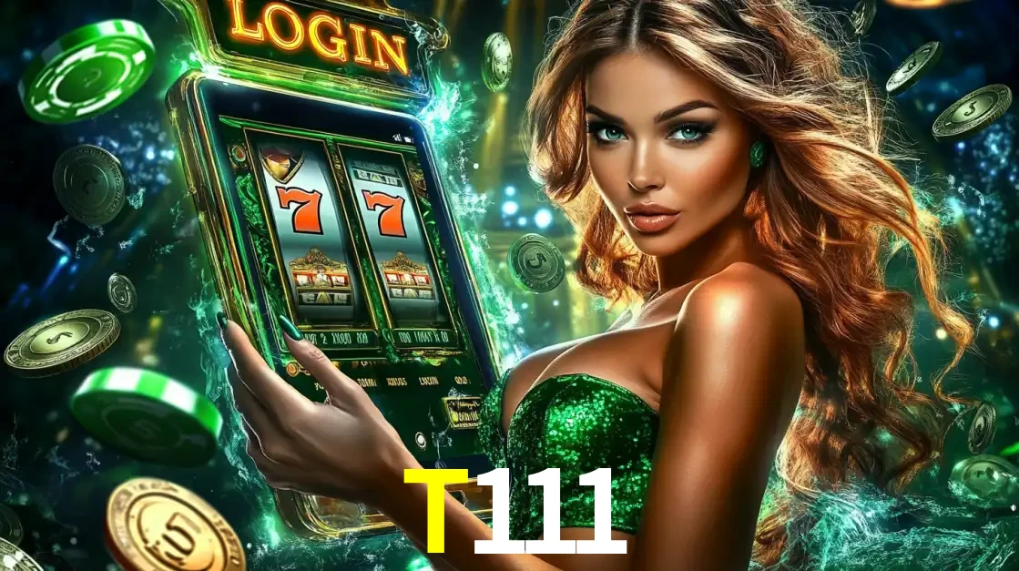 Mulher com tema verde apresentando o aplicativo do cassino T111 com um jogo de slot de 777, cercada por fichas de cassino e uma aura de sorte.