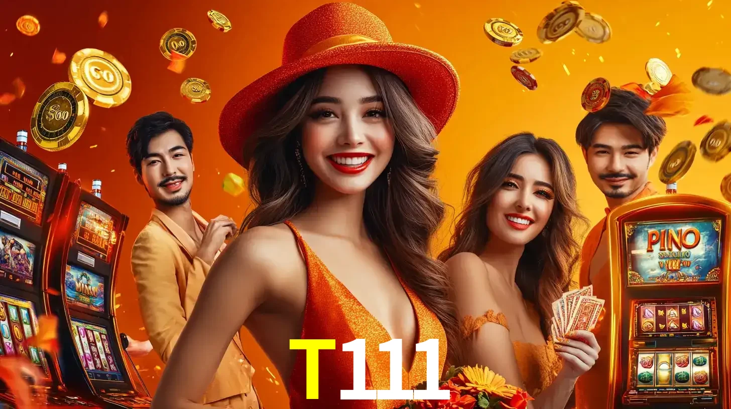 Grupo de amigos asiáticos sorrindo e se divertindo com máquinas de caça-níqueis em um ambiente festivo, celebrando suas vitórias nos jogos de cassino do T111.