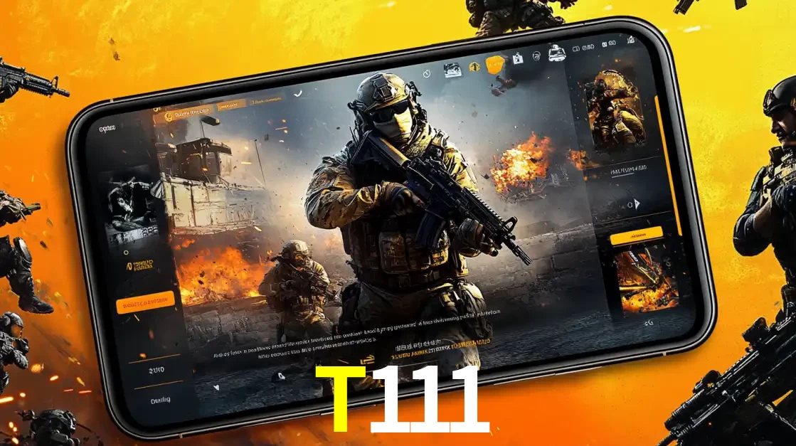 Um smartphone exibindo a interface de um jogo de tiro em primeira pessoa, com um soldado em um cenário de batalha, representando a ação dos e-sports para apostar no T111.