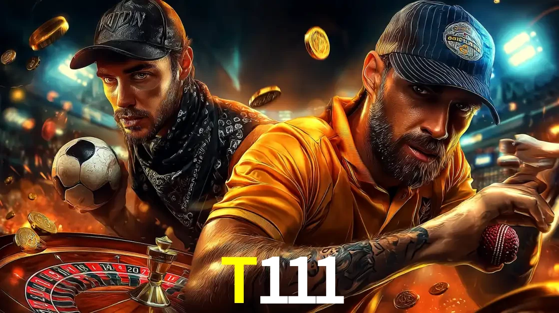 Montagem de apostas esportivas e cassino no T111, com um homem segurando uma bola de futebol e outro uma de beisebol sobre uma roleta e moedas voadoras.