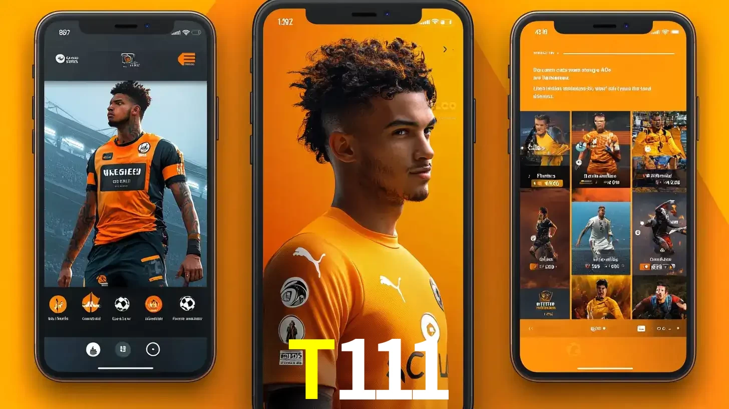 Interface do aplicativo de apostas esportivas T111 em três telas de celular, mostrando o perfil de um jogador de futebol e a lista de jogos disponíveis para apostar.