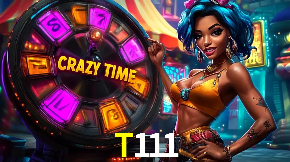 Mulher estilizada com cabelo azul e visual vibrante posando ao lado da roda de prêmios do game show Crazy Time, convidando para a diversão e os bônus do cassino T111.