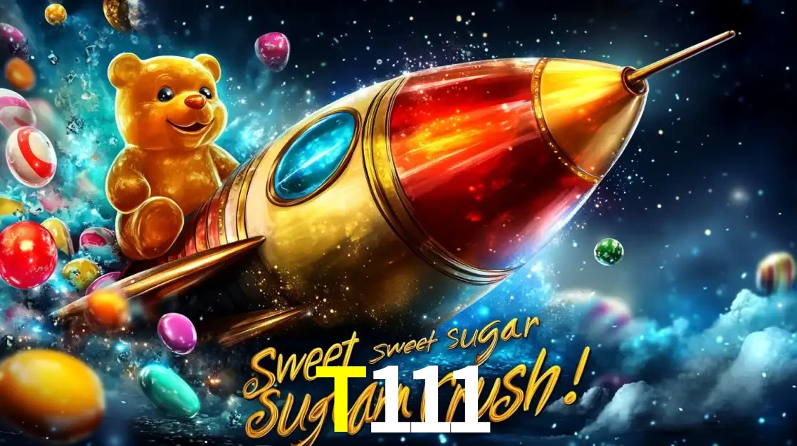 Arte promocional do jogo de slot Sugar Rush, com um urso de pelúcia em um foguete viajando pelo espaço de doces, um dos jogos divertidos disponíveis no cassino T111.