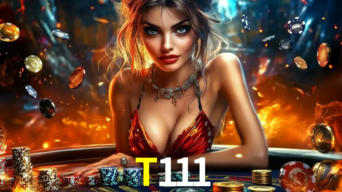 Mulher em uma mesa de cassino com pilhas de fichas e um fundo de fogo, pronta para uma rodada de altas apostas nos jogos de mesa emocionantes do cassino T111.