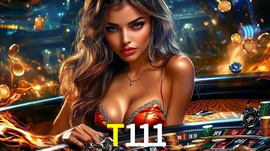 Mulher glamourosa em uma mesa de roleta com um fundo de chamas e moedas voadoras, pronta para fazer sua aposta e ganhar grandes prêmios no cassino ao vivo T111.