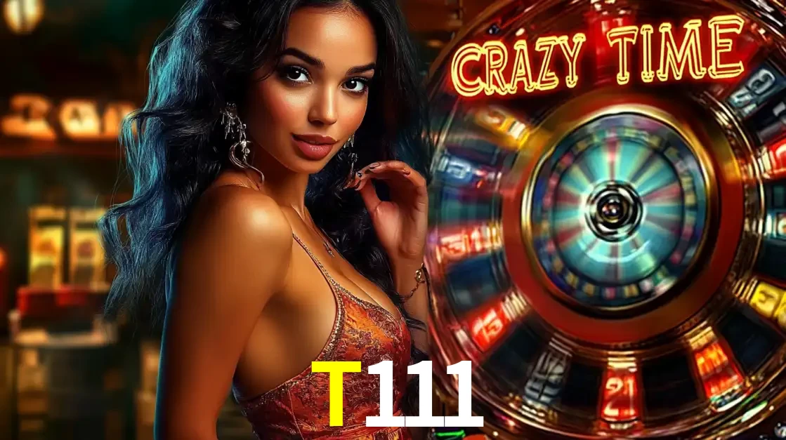 Mulher elegante ao lado da vibrante roda da fortuna do jogo de cassino ao vivo Crazy Time, um dos game shows mais populares e cheios de prêmios do T111.