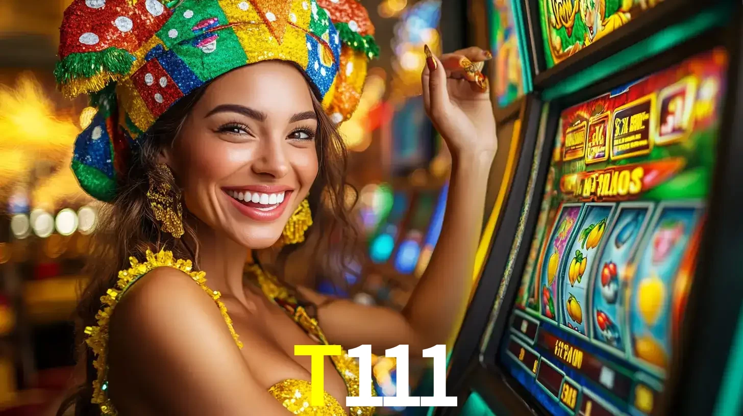 Mulher feliz com traje de carnaval amarelo e colorido ao lado de uma máquina de caça-níqueis, aproveitando a diversão e os jogos temáticos do cassino T111.