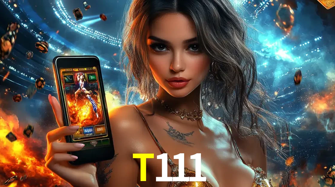 Mulher segurando um celular com um jogo de slot em destaque, tendo como fundo um estádio vibrante, simbolizando a emoção de jogar no cassino móvel T111.