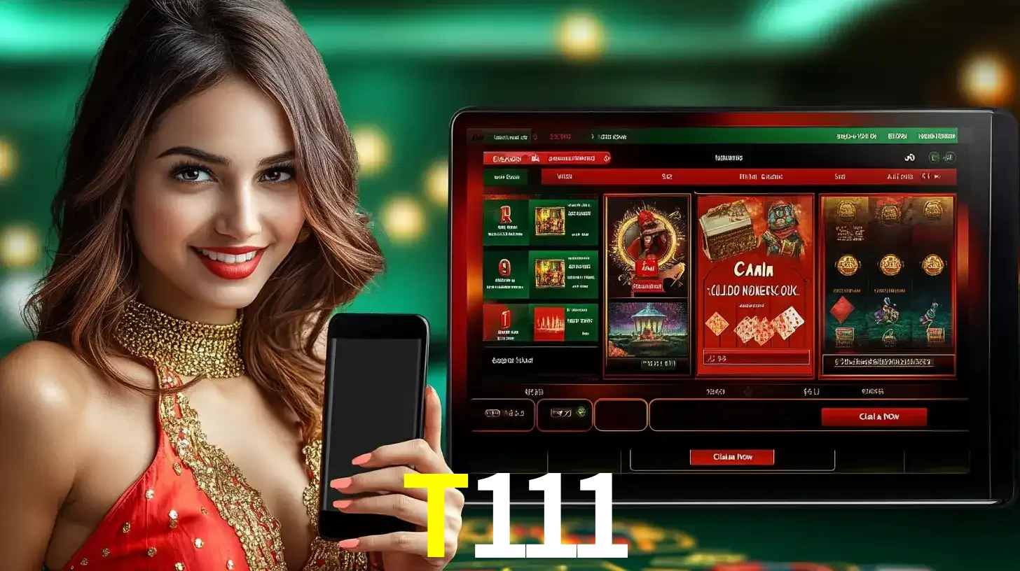 Mulher sorridente segurando um smartphone, ao lado de uma tela exibindo o lobby de jogos do cassino online T111, com várias opções de jogos de cartas e slots.